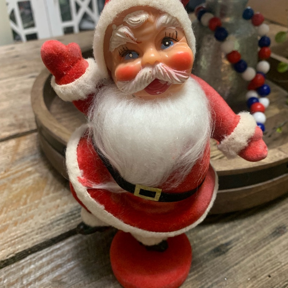 Vintage Red Flocked Santa Dancing on One Leg 1960's 9.5" Tall